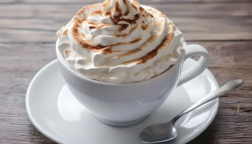 Ein cremiger Kapuziner Kaffee, üppig garniert mit Schlagsahne und Zimt, wartet auf einem Holztisch.