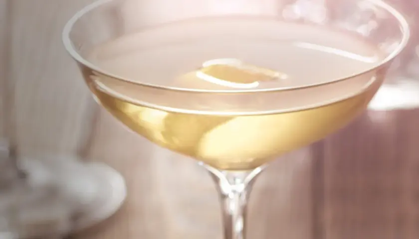 Ein Glas mit trockenem Wermut, garniert mit einer Zitronenscheibe, steht auf einem Holztisch.