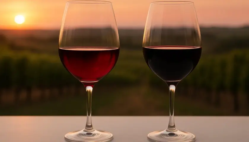 Zwei Weingläser mit Rotwein vor einem Weinberg bei Sonnenuntergang. Ein Glas mit rubinrotem Wein, das andere mit dunklem, fast schwarzem Wein – ein visueller Vergleich von Cabernet Sauvignon vs. Merlot.