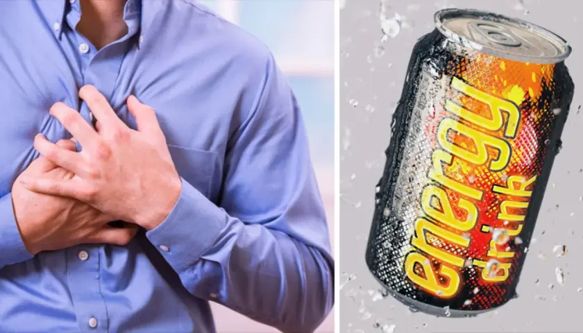 Mann hält sich die Brust, dane eine Dose Energydrink. Eine Koffeingehalt Tabelle könnte hier Aufschluss geben.
