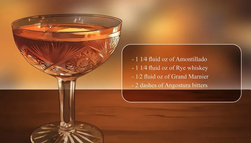 Ein eleganter Sherry-Cocktail in einem Kristallglas. Die ideale Temperatur für Sherry ist entscheidend für den Genuss.