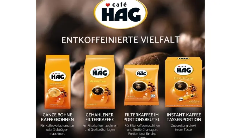 Vier Produkte von Café HAG zeigen die Vielfalt des entkoffeinierten Kaffee-Verfahrens: ganze Bohnen, gemahlener Filterkaffee, Portionen im Beutel und Instant-Kaffee.