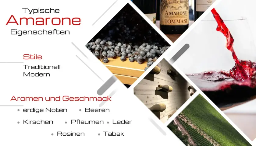 Amarone: Trauben, Flaschen, Wein im Glas, Weinberge. Aromen: Beeren, Kirschen, Pflaumen, Rosinen, Tabak, erdige Noten. Was ist Amarone? Ein italienischer Rotwein.