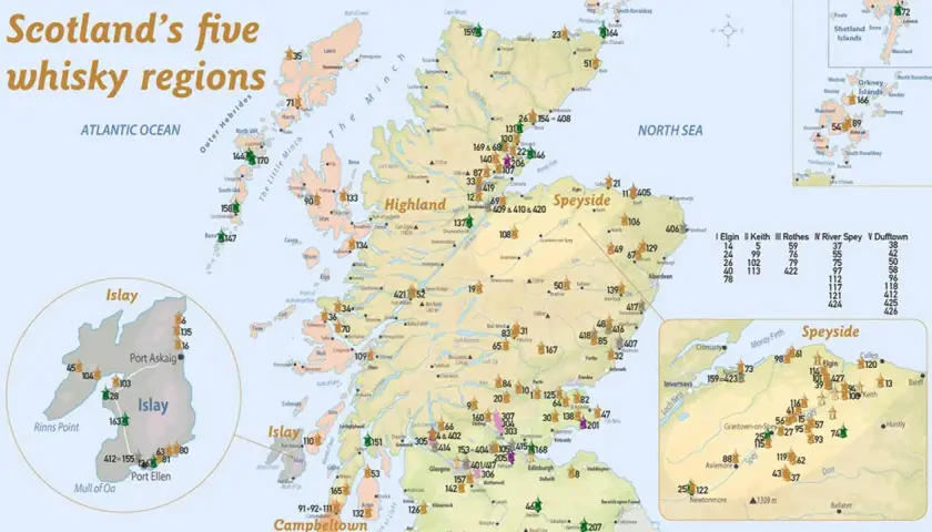 Schottlands fünf Whisky-Regionen: Islay, Highland, Speyside, Campbeltown und die Inseln. Karte zeigt Destillerien.