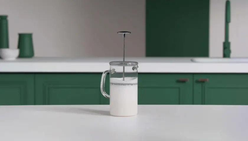 Glas-French Press mit Milchschaum, bereit für den perfekten Cappuccino.
