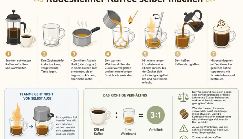 Schritte zur Zubereitung eines Rüdesheimer Kaffees: Kaffee aufbrühen, Zuckerwürfel in Tasse, Weinbrand erwärmen, anzünden, rühren, Kaffee angießen, mit Sahne und Schokolade garnieren.