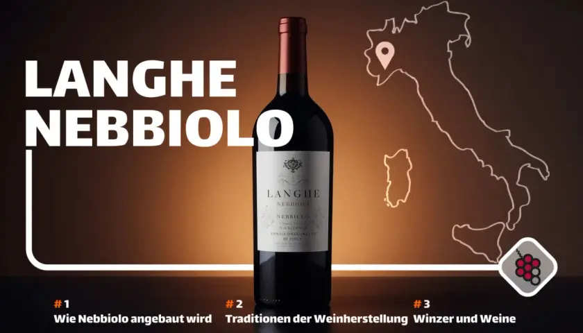Flasche Langhe Nebbiolo, der Rebsorte, die in Italien angebaut wird. Italienkarte mit Markierung.