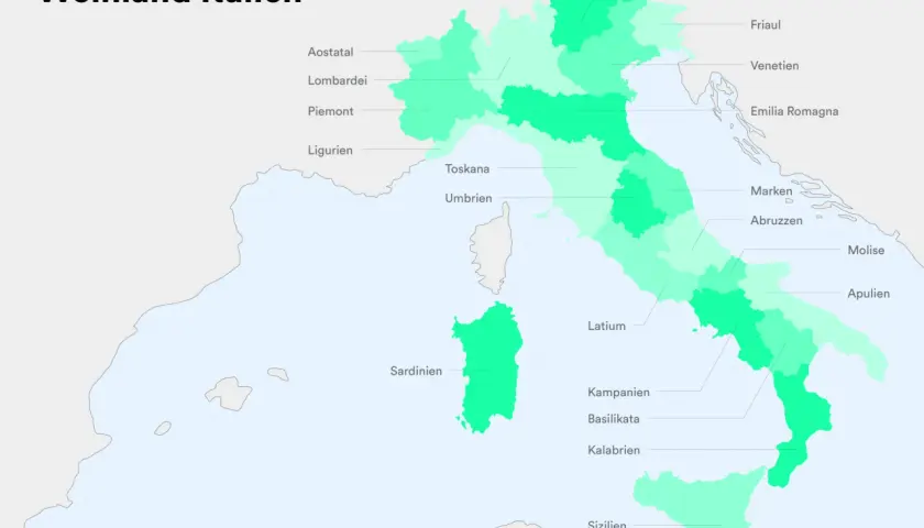 Karte von Italien mit Regionen, die für Weinanbau bekannt sind. Jede Region ist farblich hervorgehoben, was die Vielfalt der italienischen Weinsorte unterstreicht.