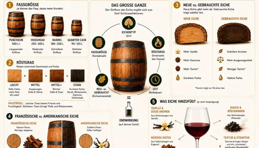 Die crianza bedeutung wird durch Eichenfässer beeinflusst: Größe, Röstgrad, Alter, Herkunft und Zeit. Jede Eiche gibt dem Wein einzigartige Aromen, Farbe und Textur.