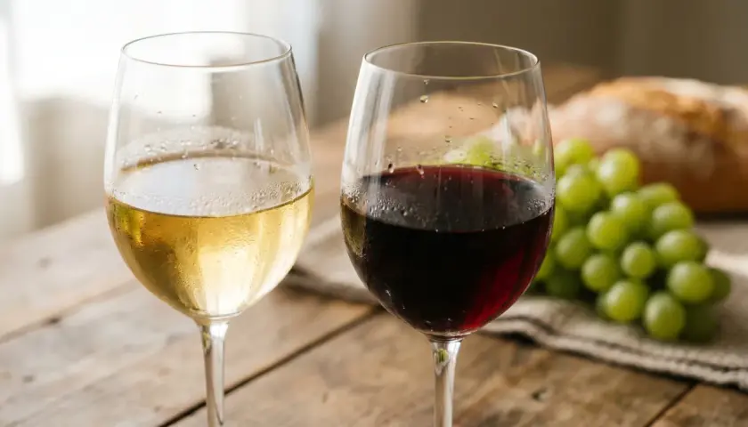 Zwei Gläser Wein, rot und weiß, mit Trauben und Brot. Wein hat Kohlenhydrate, aber diese Kombination ist ein Genuss.