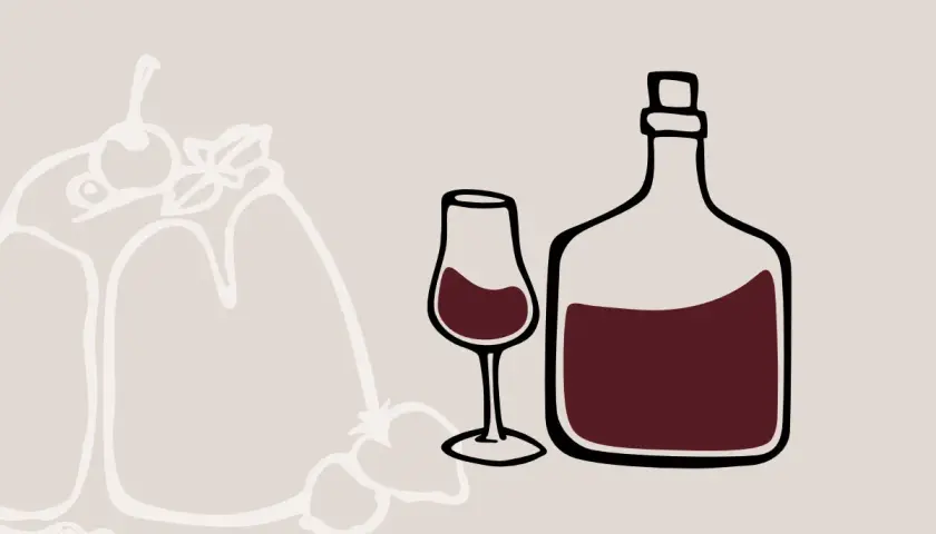 Stilisierte Darstellung eines Kuchens mit Früchten, daneben ein Glas und eine Flasche Rotwein. Der Unterschied Portwein Sherry wird hier visuell angedeutet.