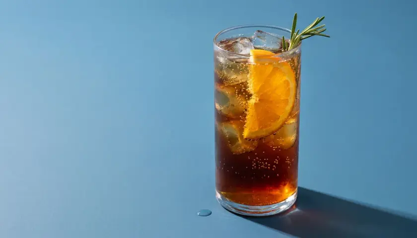 Erfrischender **cold brew cocktail** im Glas mit Eis, Orangenscheibe und Rosmarinzweig auf blauem Hintergrund.