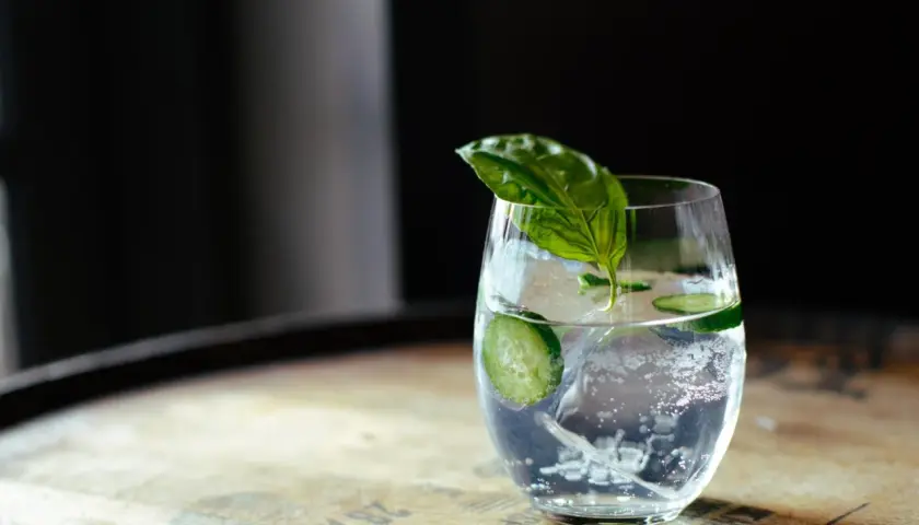 Erfrischender Gin Tonic mit Gurkenscheiben und Basilikum, ein Hauch von Gin Ursprung.