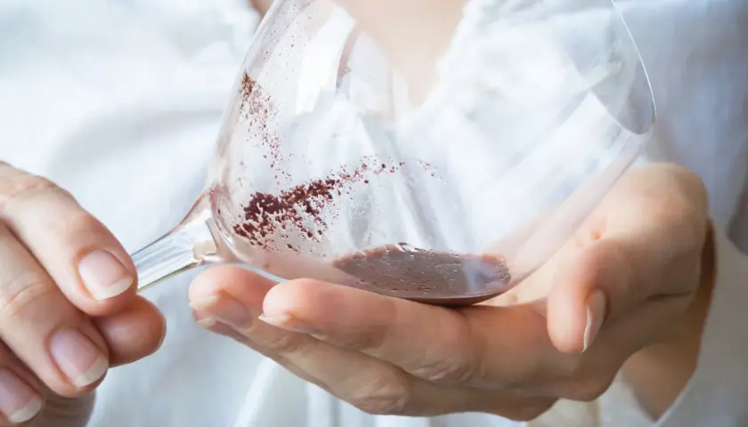 Hände halten ein Weinglas mit Resten von Rotwein. Der Weinstein im Glas schimmert rötlich.