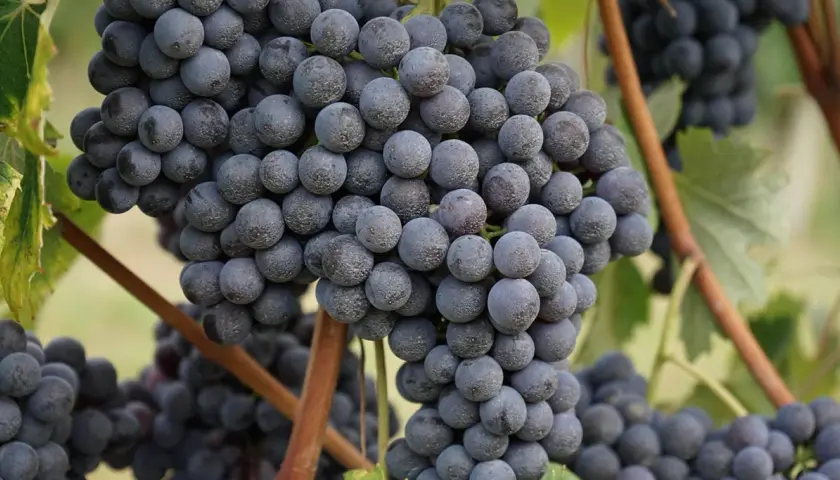 Reife, dunkle Trauben der Barbaresco Rebsorte hängen an einem sonnigen Weinberg.