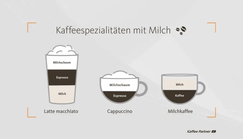 Die Cappuccino Zusammensetzung: Milchschaum über Espresso. Daneben Latte Macchiato und Milchkaffee.