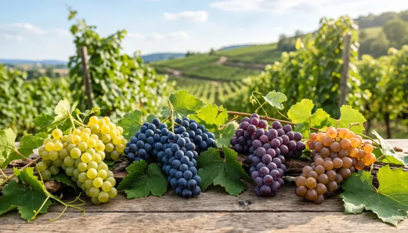 Vier Traubenbündel in verschiedenen Farben liegen auf einem Holztisch vor einem Weinberg. Sie repräsentieren bekannte weinsorten.