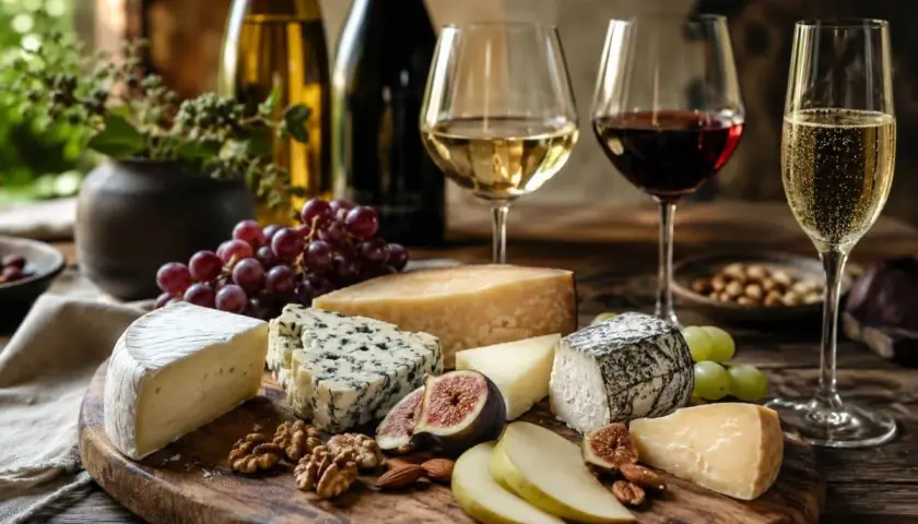 Käseplatte mit Trauben, Feigen, Nüssen und Gläsern mit Weiß-, Rot- und Sekt. Ein Genuss für Liebhaber von gutem Wein und Käse.