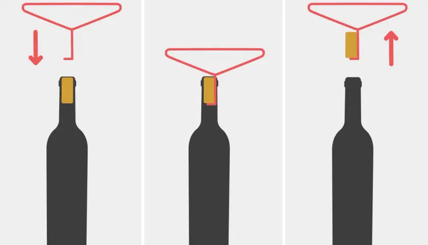 Illustration zeigt, wie man eine Flasche mit einem Trichter und einem Holzkeil öffnet, wenn kein Korkenzieher zur Hand ist.