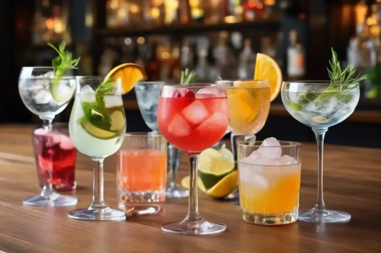 Eine Auswahl an bunten Cocktails, einige mit Gin, garniert mit Früchten und Kräutern, stehen auf einer Holztheke.