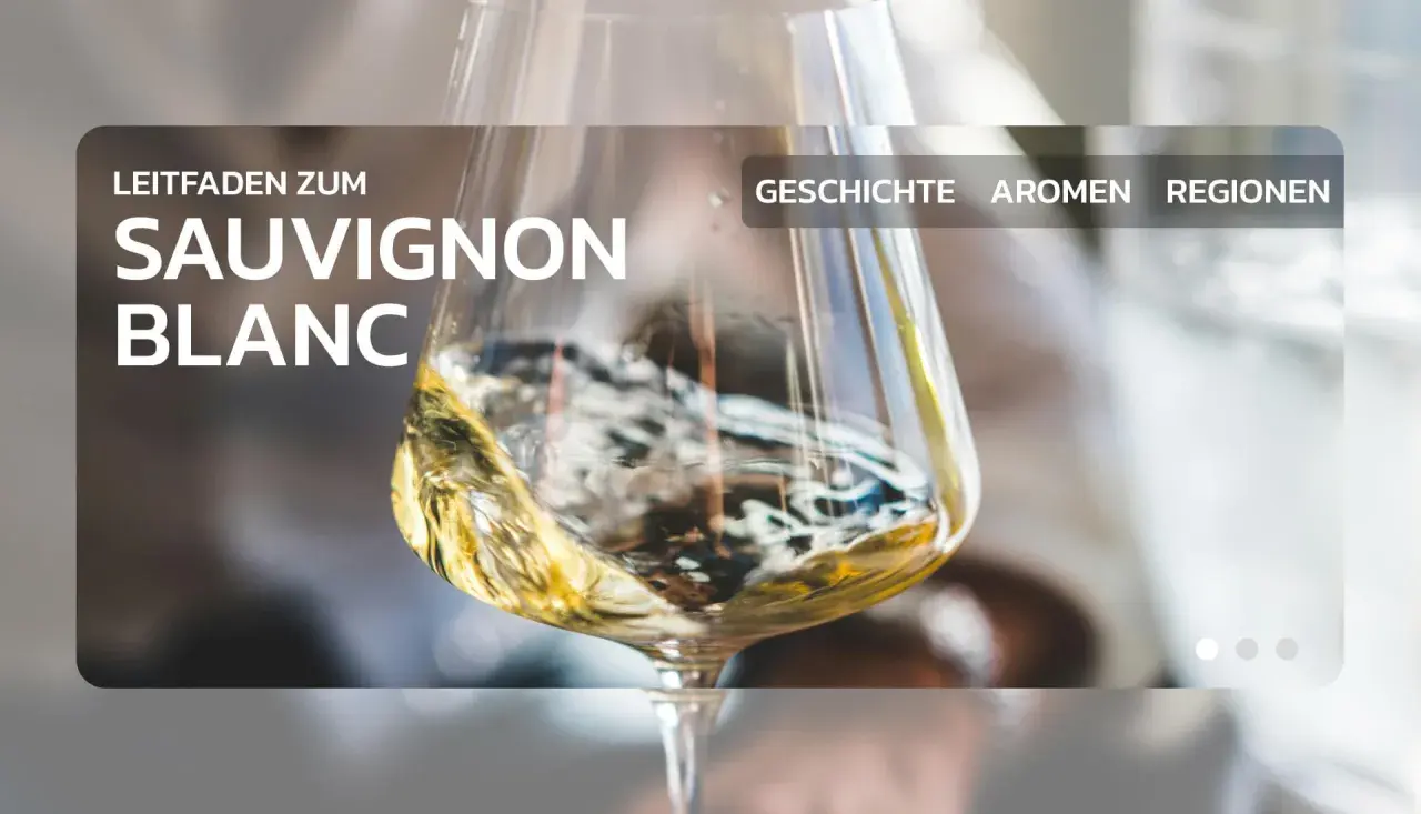 Ein Glas mit wirbelndem Sauvignon Blanc Wein. Der Text "Leitfaden zum Sauvignon Blanc" und "Geschichte Aromen Regionen" ist sichtbar.