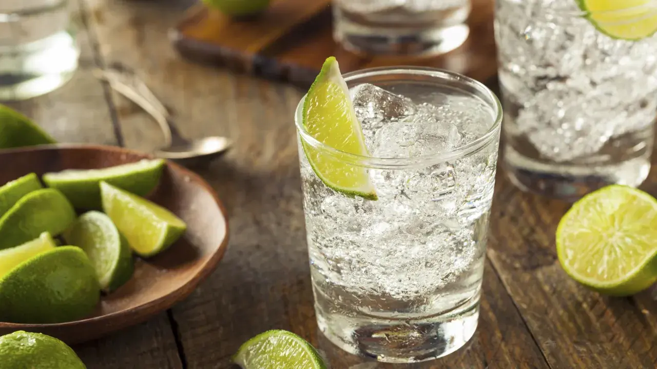 Erfrischender Gin Tonic mit Limette. Die Zitrusscheibe und Eiswürfel deuten auf die belebende, gesundheitliche Wirkung hin.
