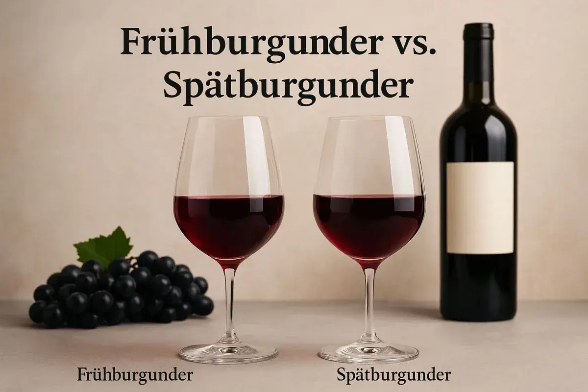 Zwei Gläser Rotwein, Frühburgunder und Spätburgunder, daneben eine Flasche und Trauben. Zwei beliebte Rotwein Sorten.