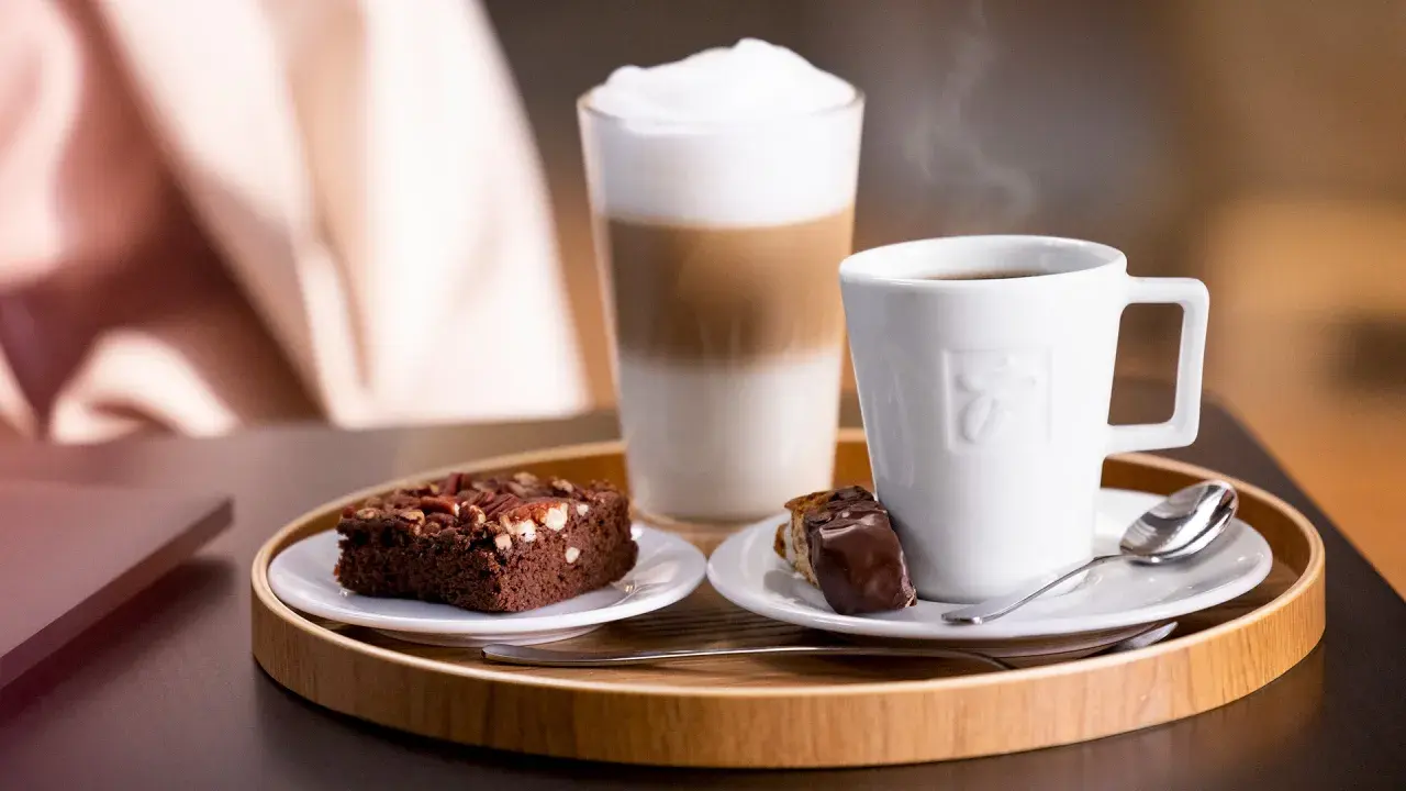 Ein Latte Macchiato mit viel Koffein, dazu ein Brownie und ein Stück Schokolade. Perfekt für eine Kaffeepause.