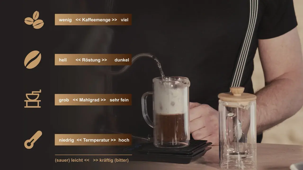 Zubereitung von French Press Kaffee: Die Kaffeemenge beeinflusst den Geschmack. Hier wird Wasser in die Kanne gegossen.