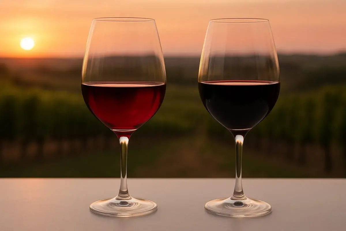 Zwei Weingläser mit Rotwein vor einem Weinberg bei Sonnenuntergang. Ein Glas mit rubinrotem Wein, das andere mit dunklem, fast schwarzem Wein – ein visueller Vergleich von Cabernet Sauvignon vs. Merlot.
