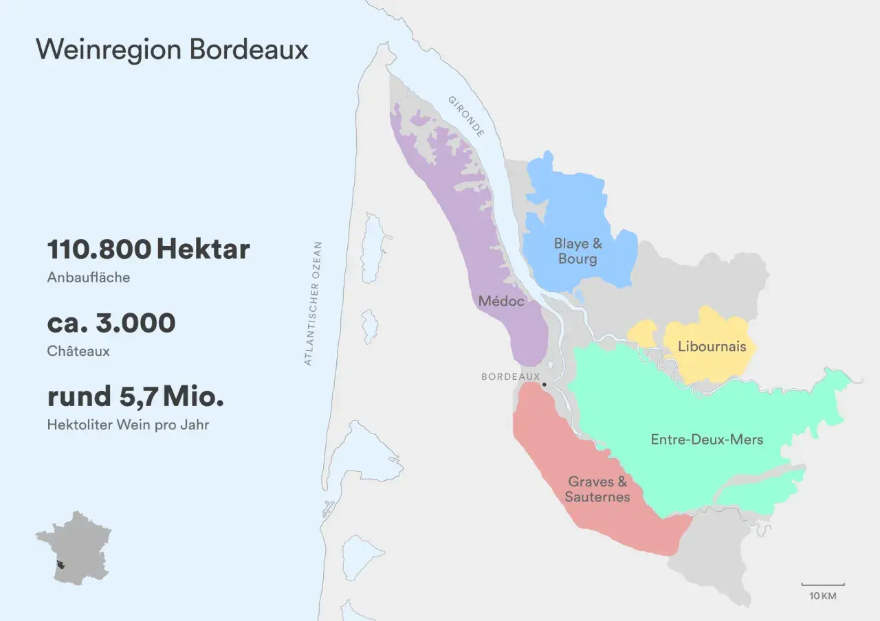 Karte des Bordeaux Weinbaugebiets mit Anbauflächen wie Médoc, Graves & Sauternes, Entre-Deux-Mers.