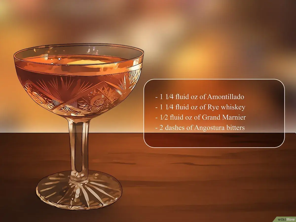 Ein eleganter Sherry-Cocktail in einem Kristallglas. Die ideale Temperatur für Sherry ist entscheidend für den Genuss.