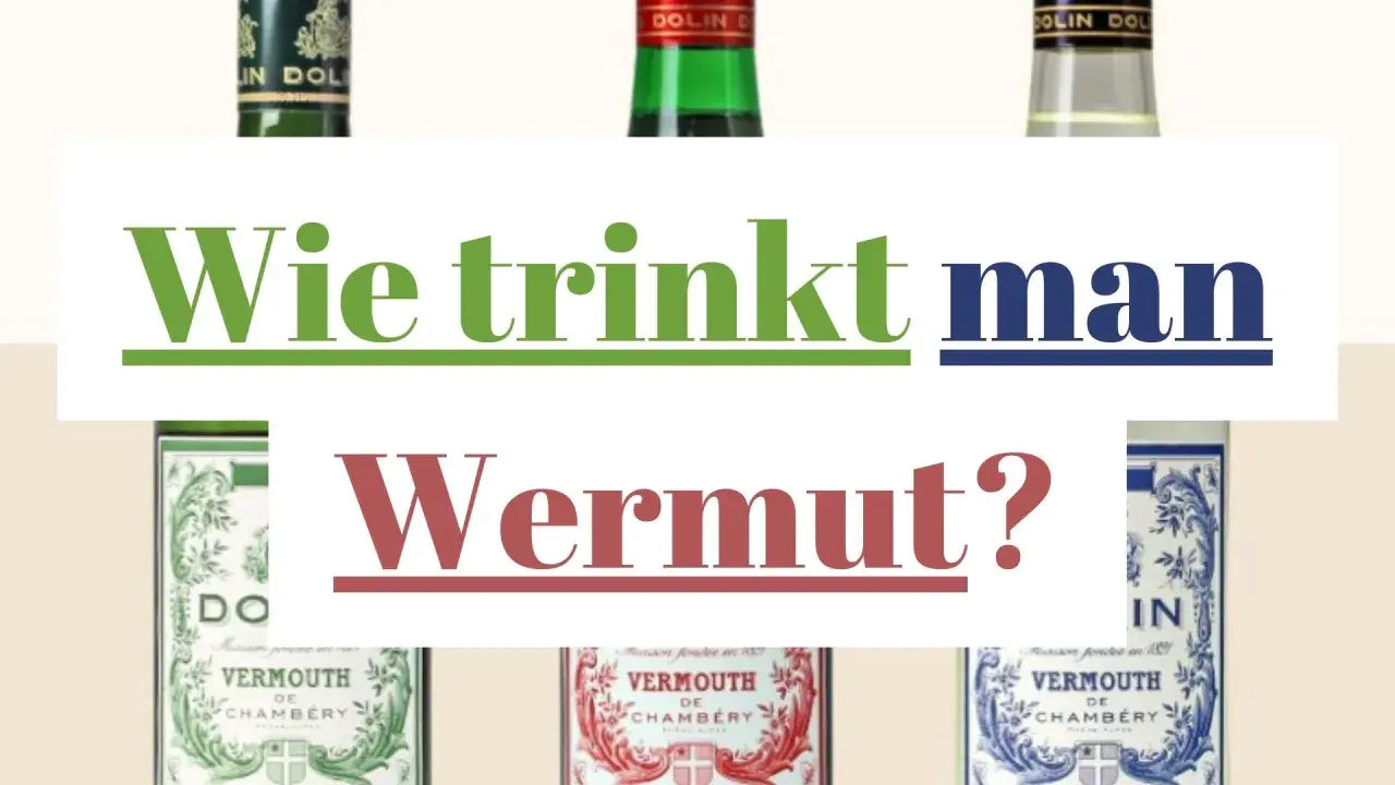 Drei Flaschen Wermut von Dolin stehen im Vordergrund. Der Text fragt: "Wie trinkt man Wermut?".