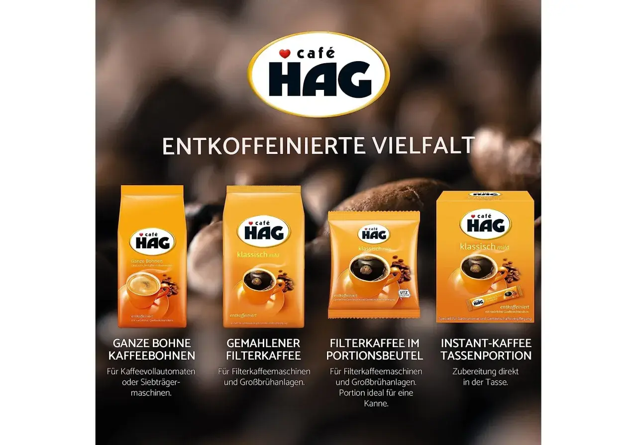 Vier Produkte von Café HAG zeigen die Vielfalt des entkoffeinierten Kaffee-Verfahrens: ganze Bohnen, gemahlener Filterkaffee, Portionen im Beutel und Instant-Kaffee.