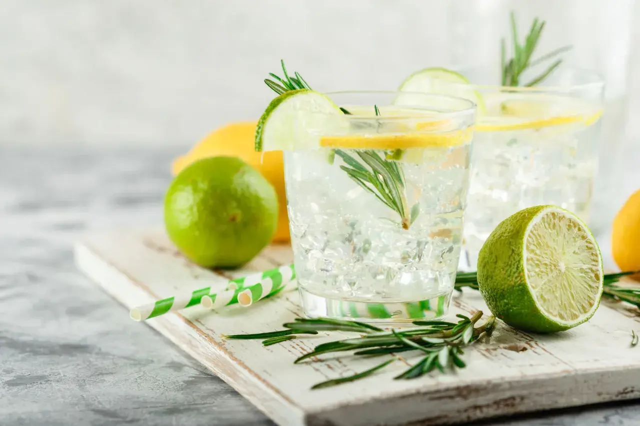 Erfrischende Gin Tonics mit Zitrone, Limette und Rosmarin. Die Frage "wieviel Gin in Gin Tonic" bleibt offen, aber die Zutaten sind perfekt.