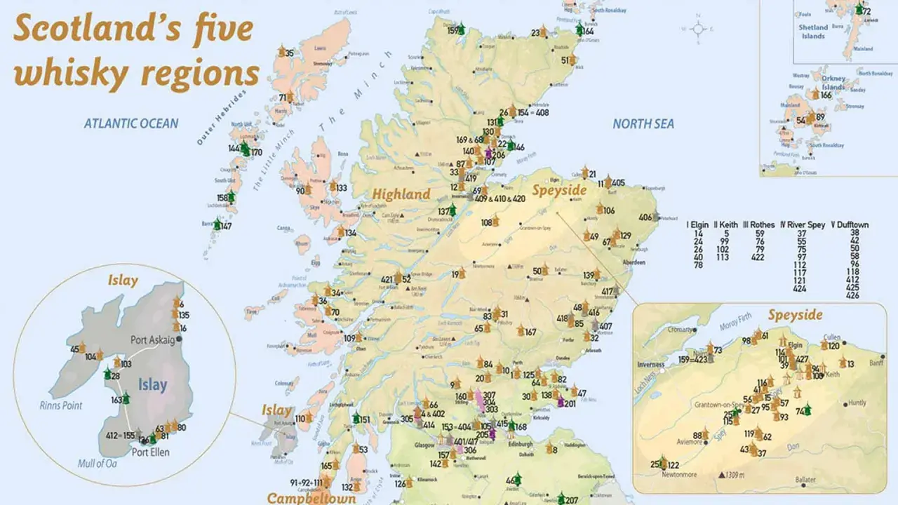 Schottlands fünf Whisky-Regionen: Islay, Highland, Speyside, Campbeltown und die Inseln. Karte zeigt Destillerien.