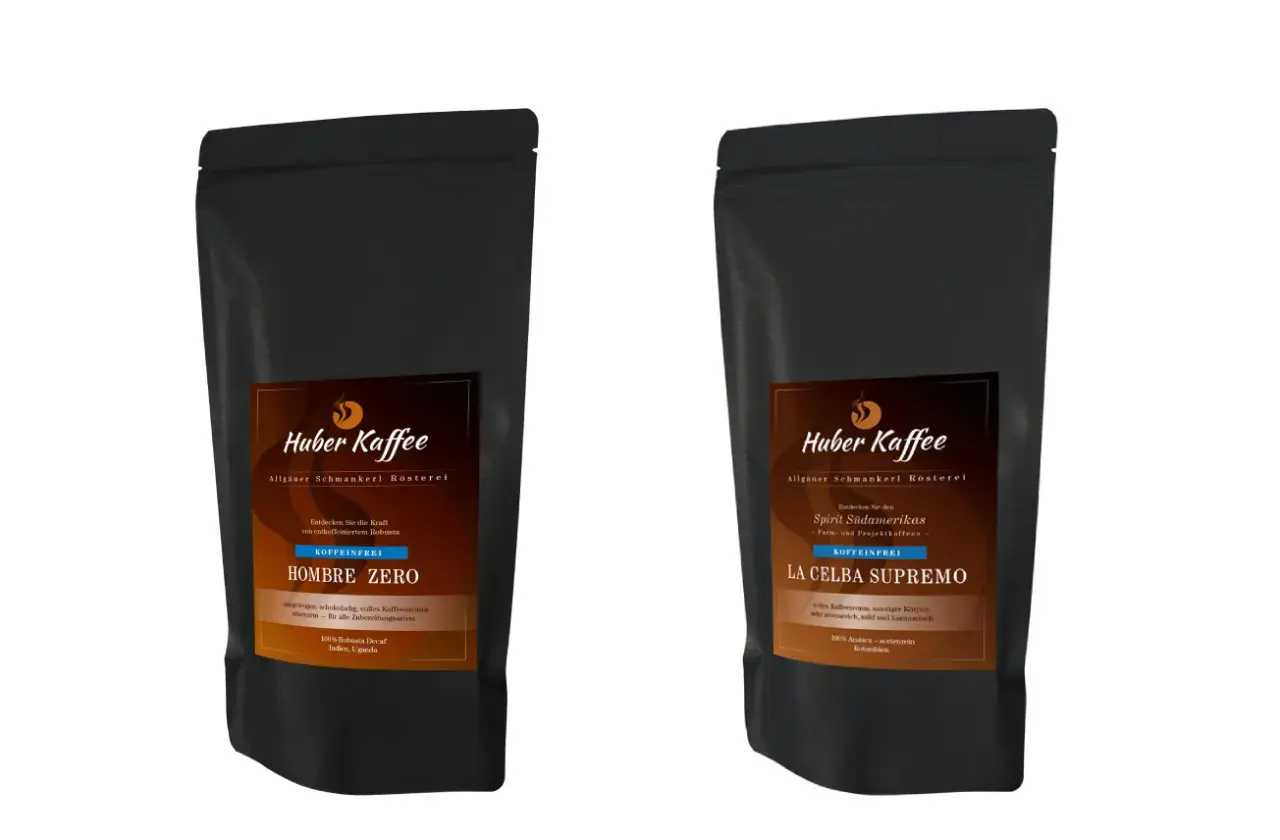 Zwei Packungen Huber Kaffee, "Hombre Zero" und "La Celba Supremo", beide koffeinfrei. Was bedeutet entkoffeiniert? Kaffee ohne Koffein, aber mit vollem Aroma.