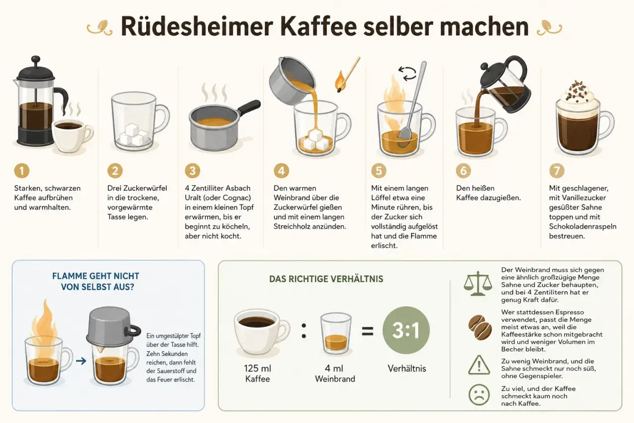 Schritte zur Zubereitung eines Rüdesheimer Kaffees: Kaffee aufbrühen, Zuckerwürfel in Tasse, Weinbrand erwärmen, anzünden, rühren, Kaffee angießen, mit Sahne und Schokolade garnieren.