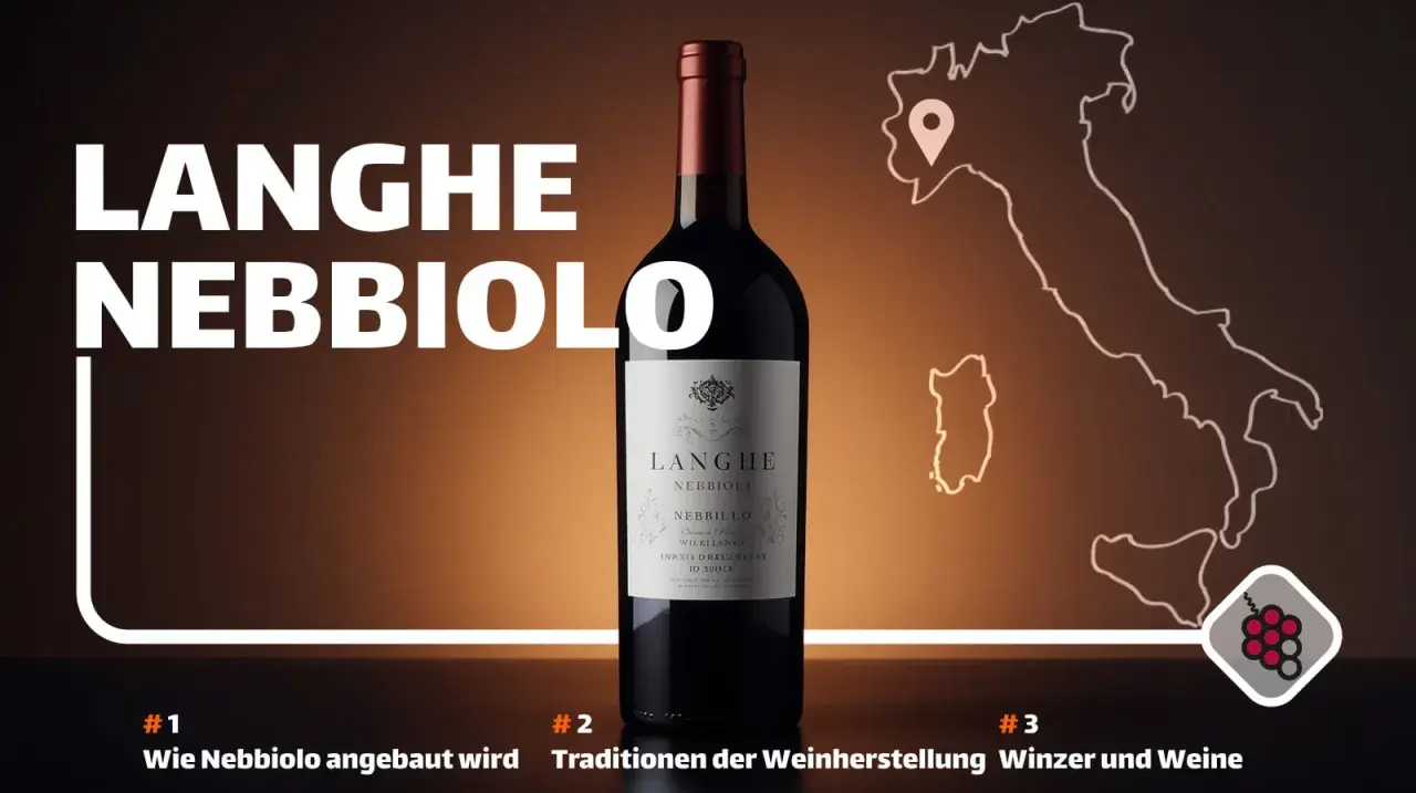 Flasche Langhe Nebbiolo, der Rebsorte, die in Italien angebaut wird. Italienkarte mit Markierung.