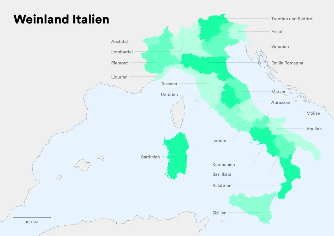 Karte von Italien mit Regionen, die für Weinanbau bekannt sind. Jede Region ist farblich hervorgehoben, was die Vielfalt der italienischen Weinsorte unterstreicht.