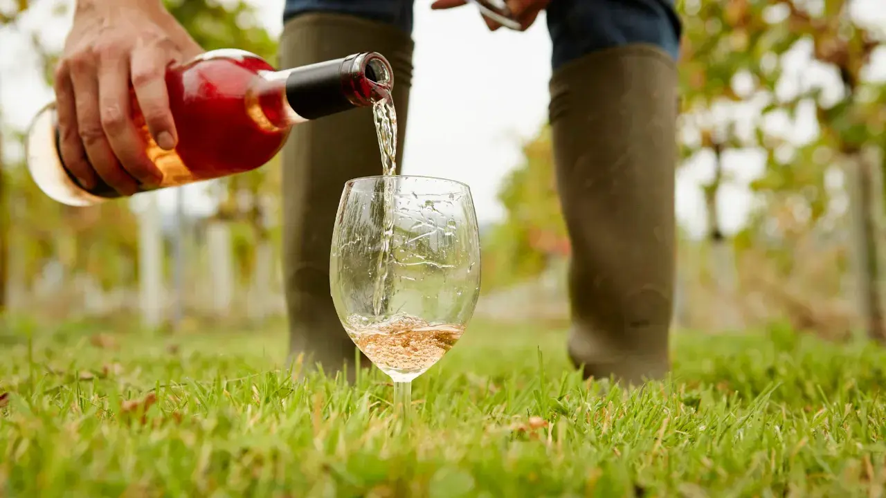 Roséwein aus Pinot Noir Trauben wird in ein Glas gegossen, im Weinberg.
