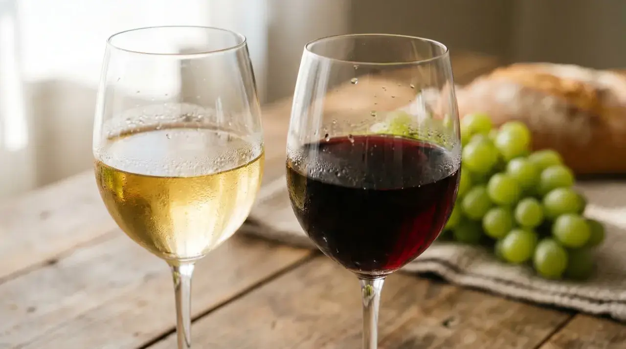 Zwei Gläser Wein, rot und weiß, mit Trauben und Brot. Wein hat Kohlenhydrate, aber diese Kombination ist ein Genuss.