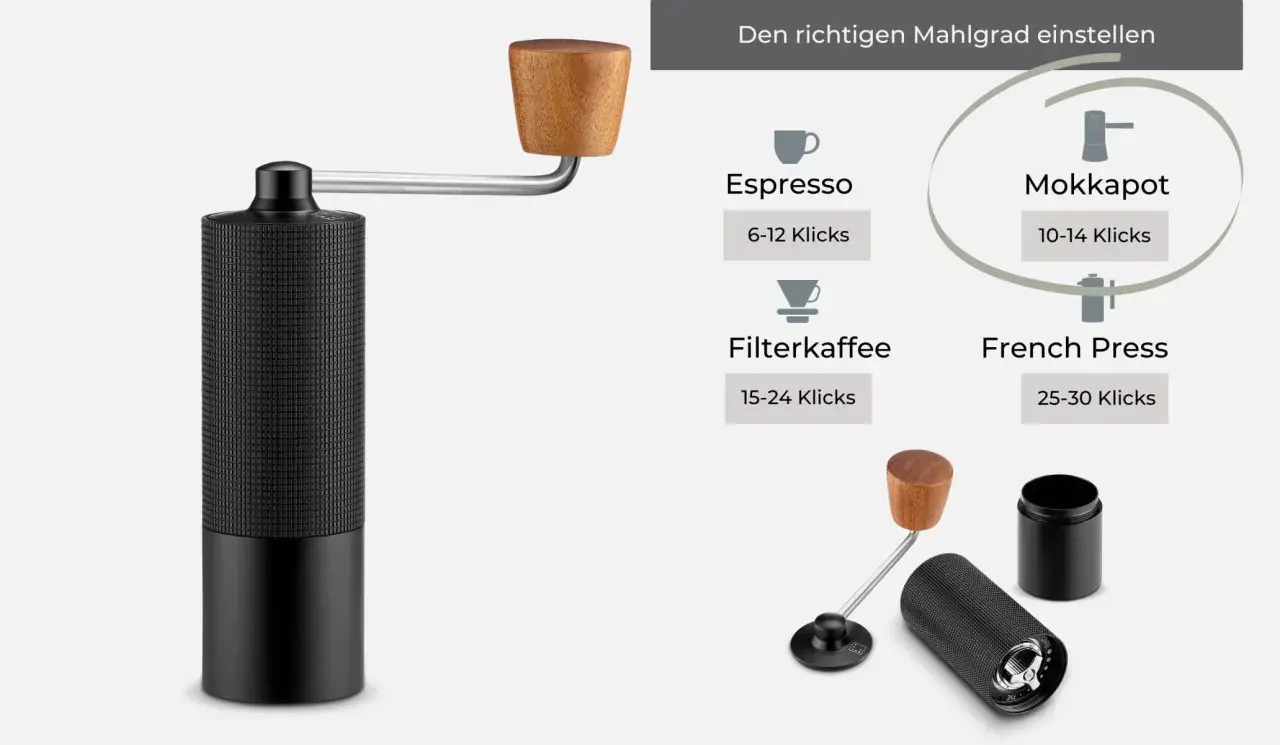 Schwarzer Kaffee-Mahlgrad-Einsteller mit Holzgriff. Empfohlener Mahlgrad für Mokkakanne: 10-14 Klicks.