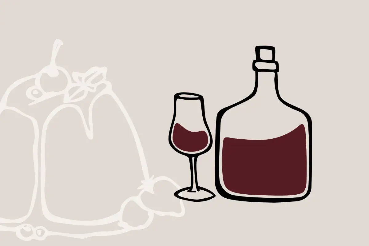Stilisierte Darstellung eines Kuchens mit Früchten, daneben ein Glas und eine Flasche Rotwein. Der Unterschied Portwein Sherry wird hier visuell angedeutet.