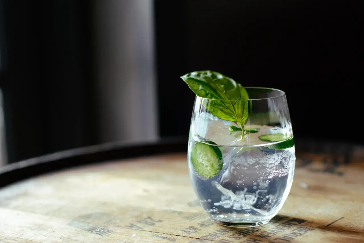Erfrischender Gin Tonic mit Gurkenscheiben und Basilikum, ein Hauch von Gin Ursprung.
