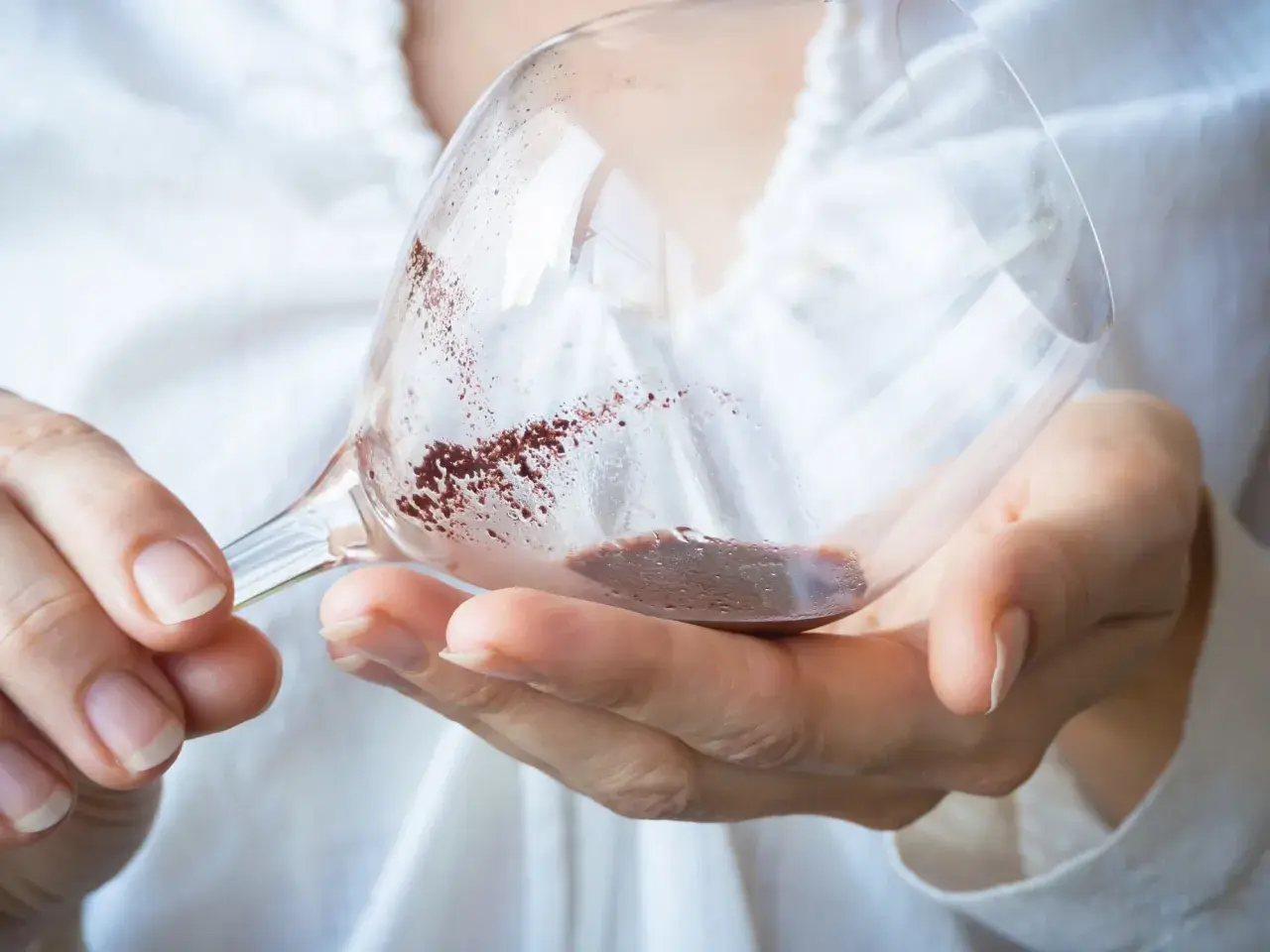 Hände halten ein Weinglas mit Resten von Rotwein. Der Weinstein im Glas schimmert rötlich.