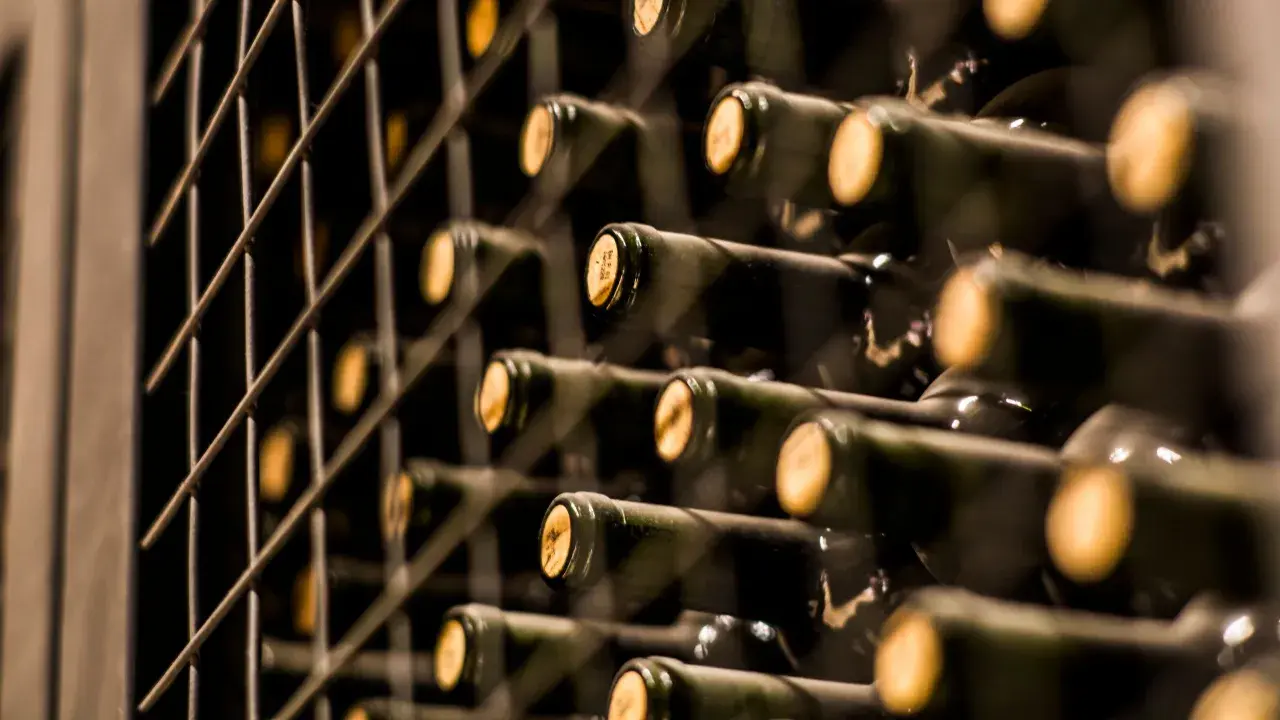 Weinregal mit vielen Flaschen. Man fragt sich, wie teuer ist der teuerste Wein der Welt, wenn selbst diese Flaschen so wertvoll aussehen.