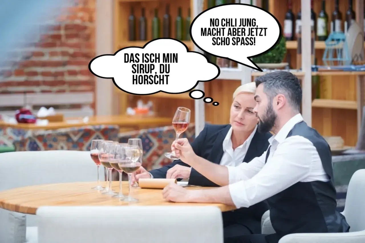Zwei Personen probieren Wein. Eine denkt: "Das isch min Sirup, du horscht." Die andere: "No chli jung, macht aber jetz scho spass!" Lustig, wie sie den Wein beschreiben.