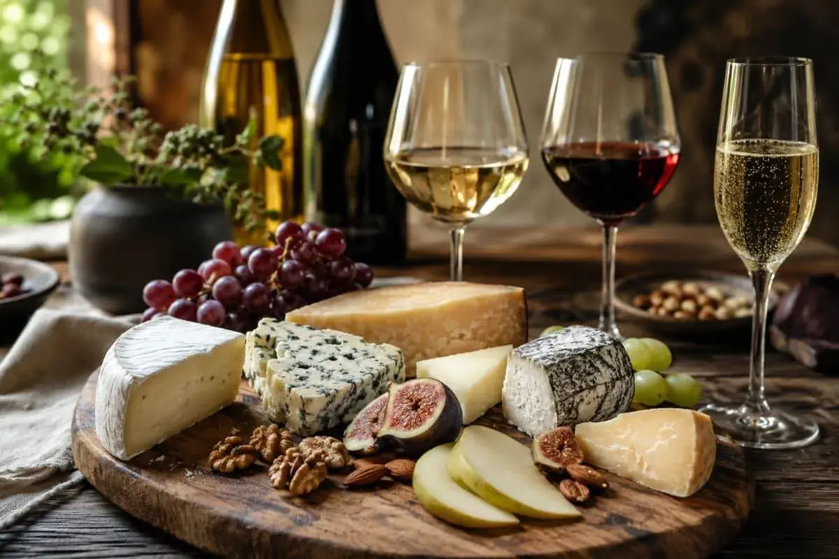 Käseplatte mit Trauben, Feigen, Nüssen und Gläsern mit Weiß-, Rot- und Sekt. Ein Genuss für Liebhaber von gutem Wein und Käse.