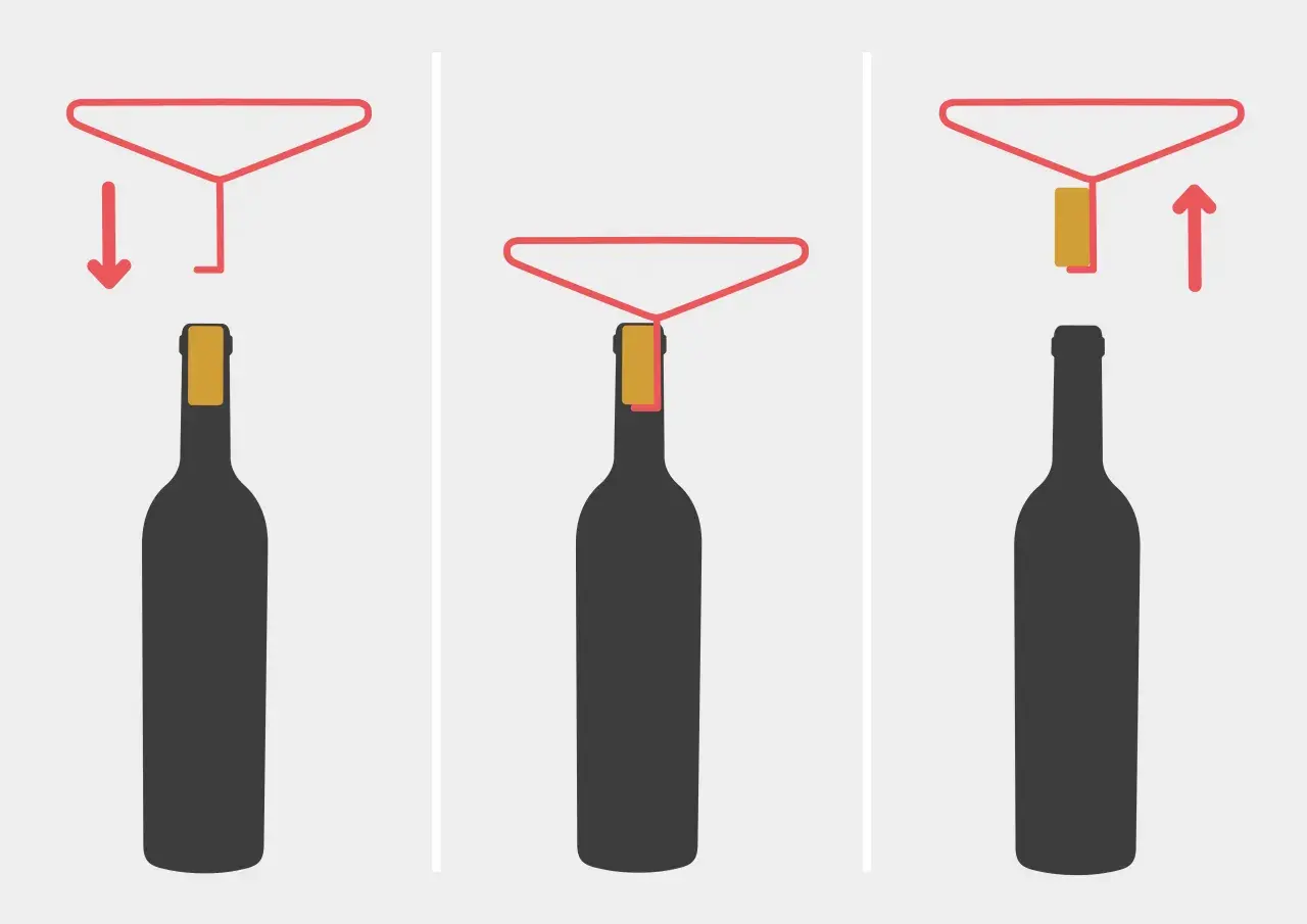 Illustration zeigt, wie man eine Flasche mit einem Trichter und einem Holzkeil öffnet, wenn kein Korkenzieher zur Hand ist.